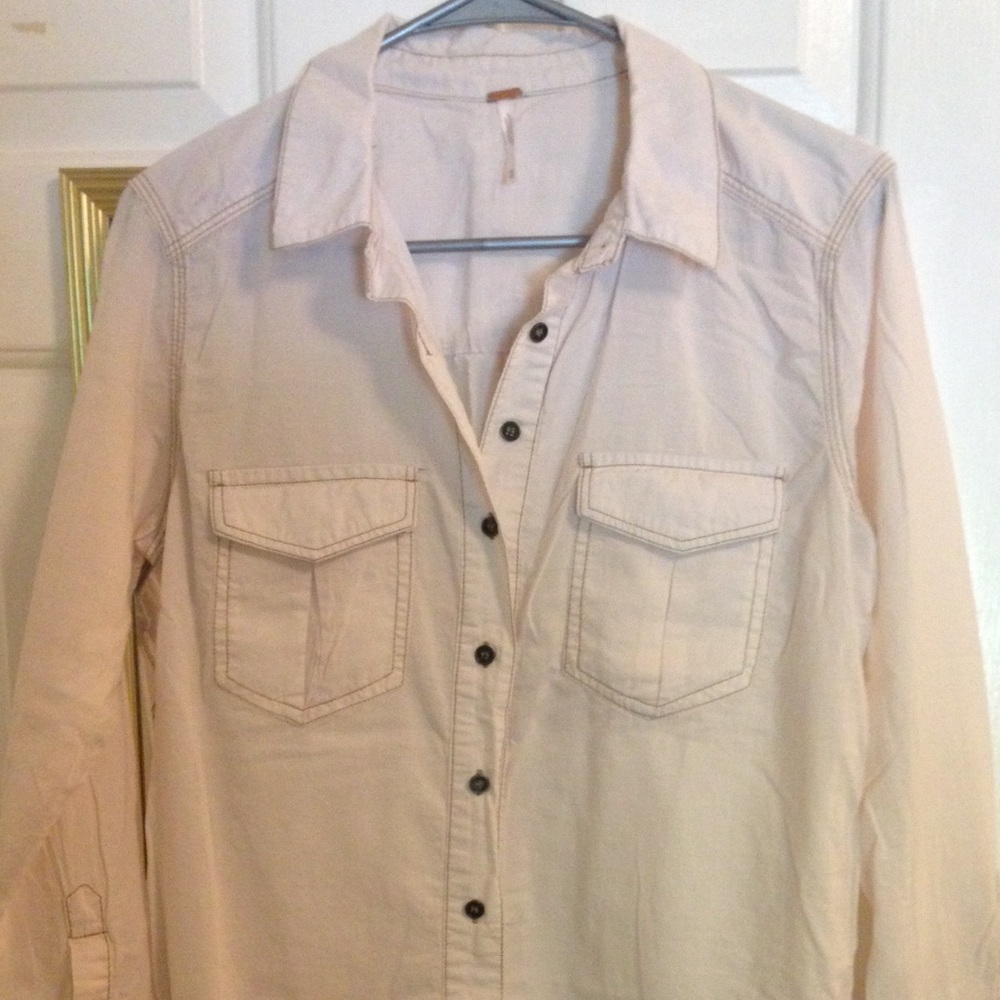 Free People Cream Button Down Collared Blouse